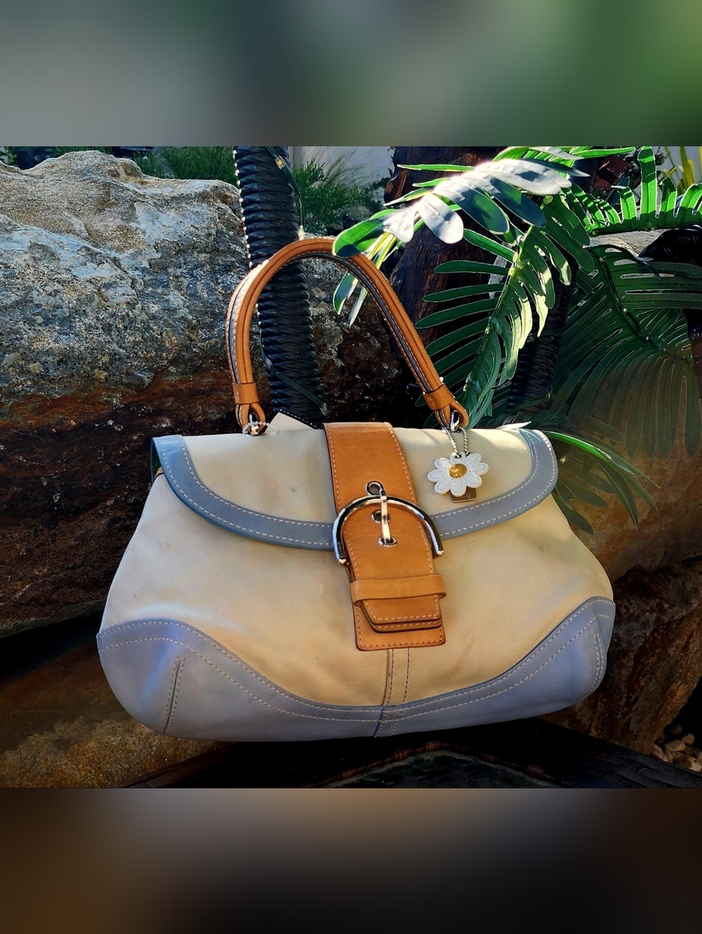 Coach Cream and Light Blue Satchel with Tan Handles